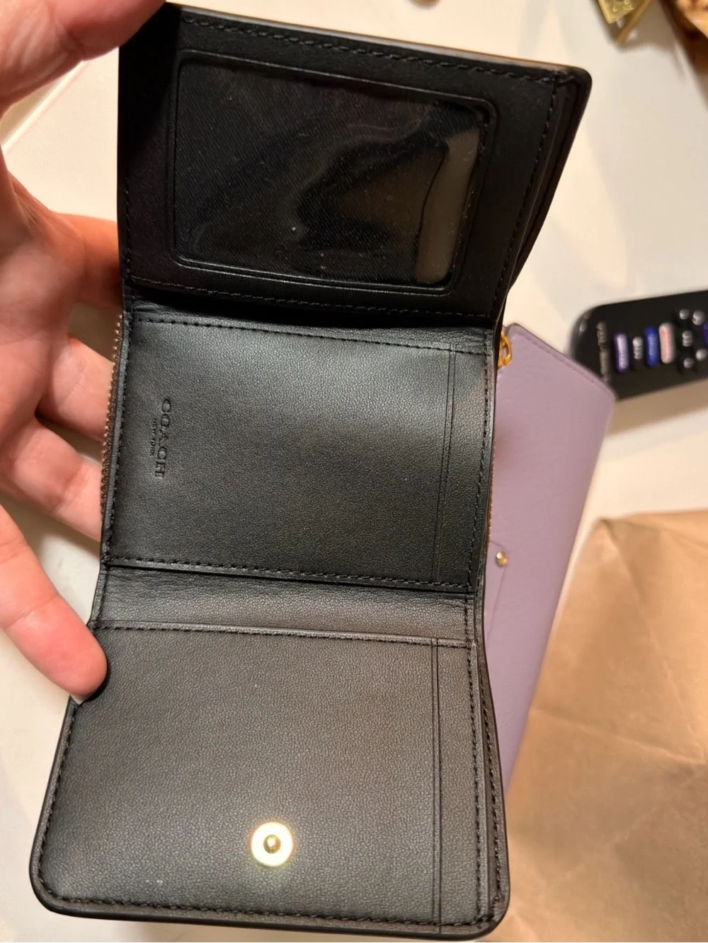 Coach Brown Signature Canvas Small Trifold Wallet with Black Trim